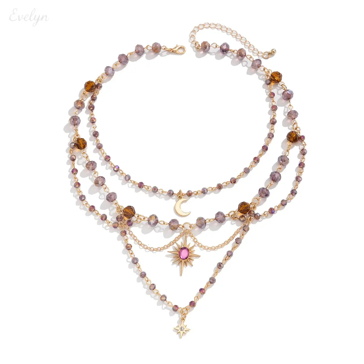 Unisex Gold-Tone 3-Tier Boho Astrology Pendant Necklace - Celestial Motifs, Sun/Moon/Star Accents, Beaded Chains, Elegant Accessory for Boho Lovers, Festivals, Daily Wear