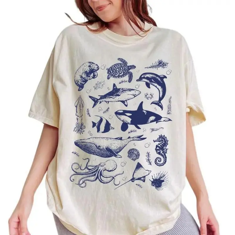 Vintage 90s Tattoo Sea Animal T-Shirt | Retro Ocean Nature Shirts | Sealife, Ocean, Whale, Orca, Turtle, Dolphin Shirt