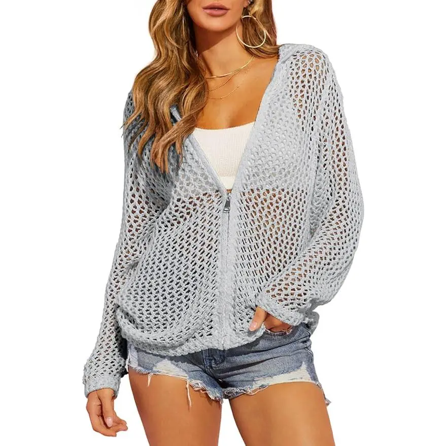 Lannew Womens Crochet Lightweight Cardigans Zip Up Hooded Long Sleeve Knit Sweaters Mesh Beach Swim Cover Up Knitwear Womenswear
