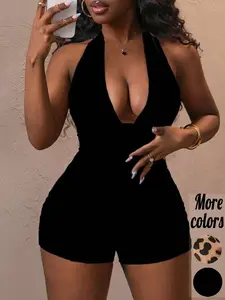 [Plus-Size] 1 Piece Leopard Print Halter Neck Sleeveless Bodycon Romper, Sexy Club Style, Stretchy Satin Fabric & Deep V-Neck Detail, For Curvy Women, Perfect for Night Out, Clubbing & Party Looks, Women's Plus-Size Leopard Rompers | TikTok Viral Fashion