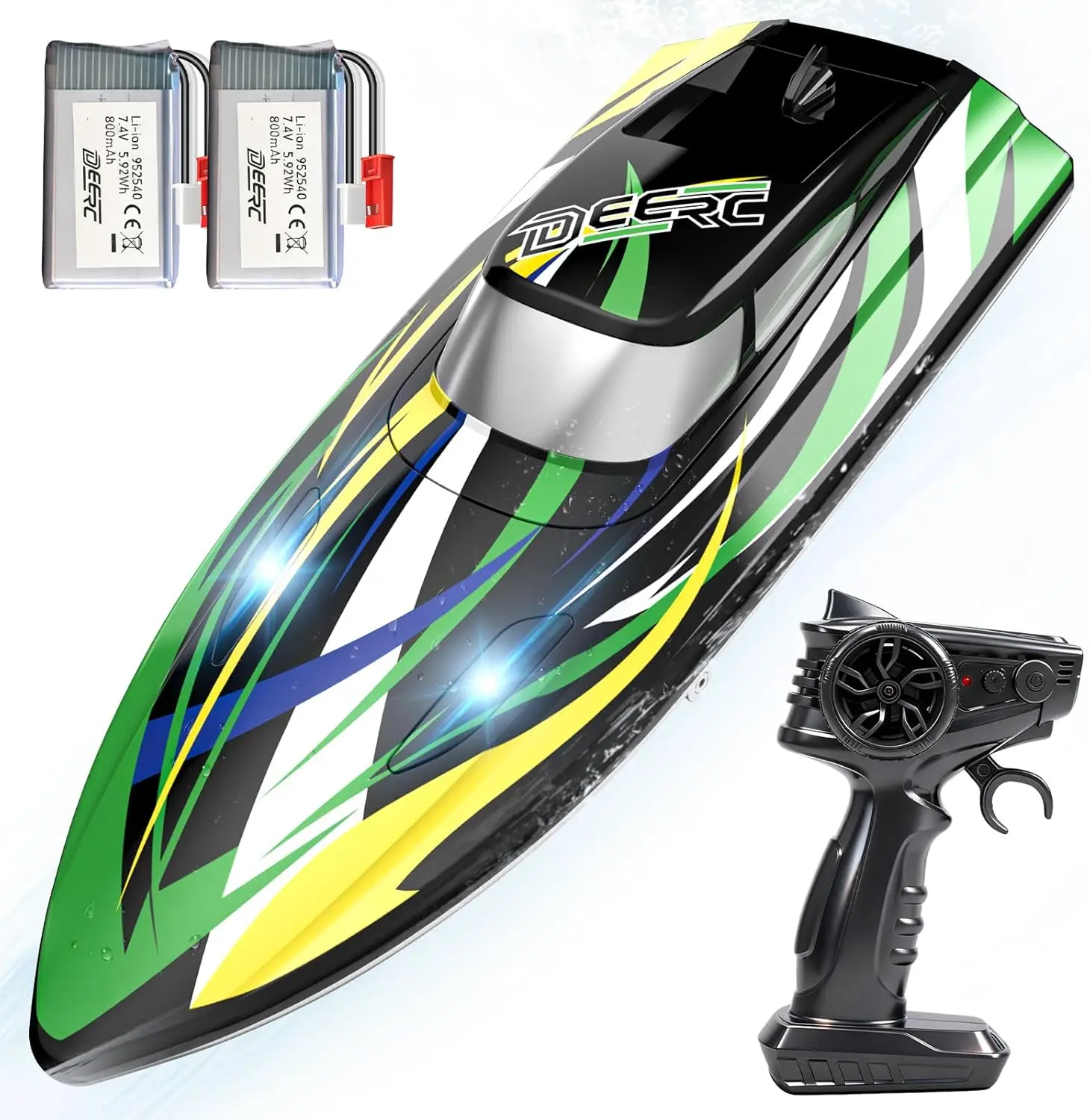 DEERC Fast RC Boat with LED Lights, 30+KM/H, High Speed Remote Control Racing Boat, Self-Righting, 2 Batteries, 24+ Mins, 2.4GHz Pool & Lake Toys for Kids & Adults