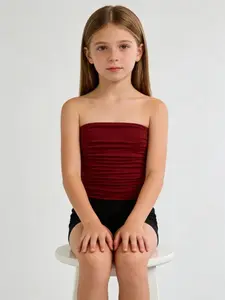 Girls' solid color strapless Fitted Casual Basic short top | pleated elastic+soft and breathable, versatile for all seasons, can be worn both inside and outside