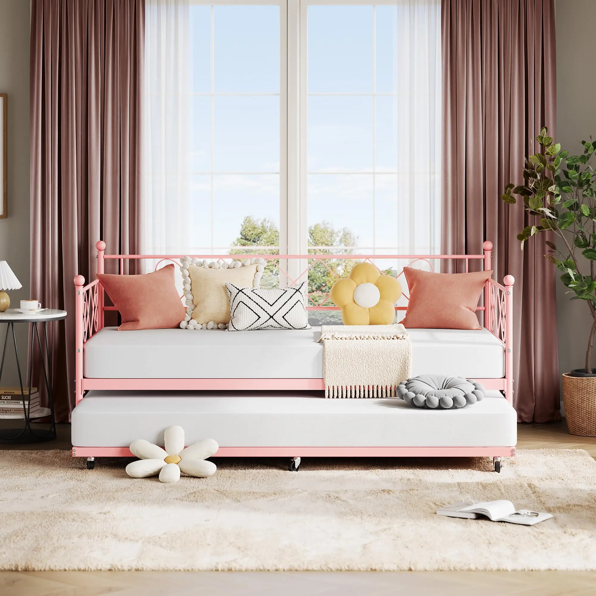 Garvee Twin Metal Daybed with Trundle, Heart-Shaped Headboard, Sturdy Steel Slat Support, Space-Saving Sofa Bed for Living Room, Bedroom, Guest Room, Easy Assembly, Pink