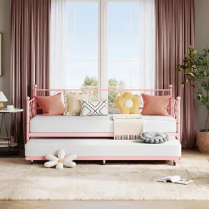 Garvee Twin Metal Daybed with Trundle, Heart-Shaped Headboard, Sturdy Steel Slat Support, Space-Saving Sofa Bed for Living Room, Bedroom, Guest Room, Easy Assembly, Pink