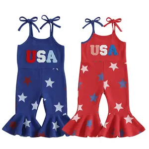 4th of July Toddler Girl Bell Bottom Jumpsuit Baby USA Embroidery Stars Romper Spaghetti Straps Flared Pants Overalls