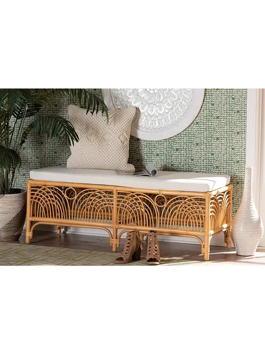 Bali & Pari 193271414031 Materra Modern Bohemian Natural Brown Rattan Bench-Footstool, White & Light Honey, Fully Assembled, Living Room