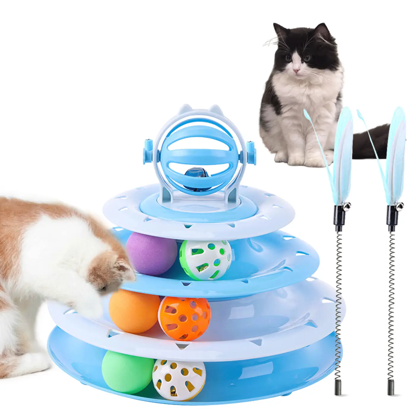 Interactive 4-Tier Roller Track Cat Toys,Turntable Cat Tower Toy, with Colorful Chase Balls & Funny Cat Stick , Cat Roller Toy for Stimulating Kitty S