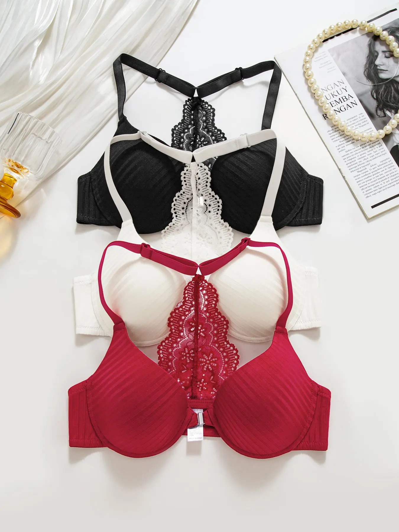 3 Pack Front Closure Lace Buckle Racerback Lift Shape Bra Underwire Push Up Support Ribbed Comfort Lingerie Underwear