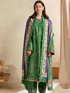 Designer Dress - 3 PC Lawn Suit Set Ready to Wear with Machine Embroidery Green A - Simple & Stylish Ensemble