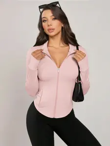 Women's Fitted Solid Color Stand Collar Zipper Sport Top, Long Sleeve Fitness Jacket, Ideal for Running Yoga Outdoor Tennis Gym Comfort Fashion Design