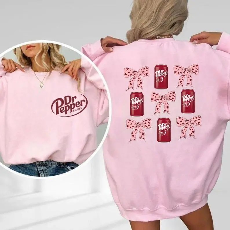 Dr Pepper Pink Coquette Bow 2 Sides Sweatshirt, Dr Pepper Lover Hoodie, Est. 1885 Pink Bow Sweatshirt, Cute Coquette Dr Pepper Shirt