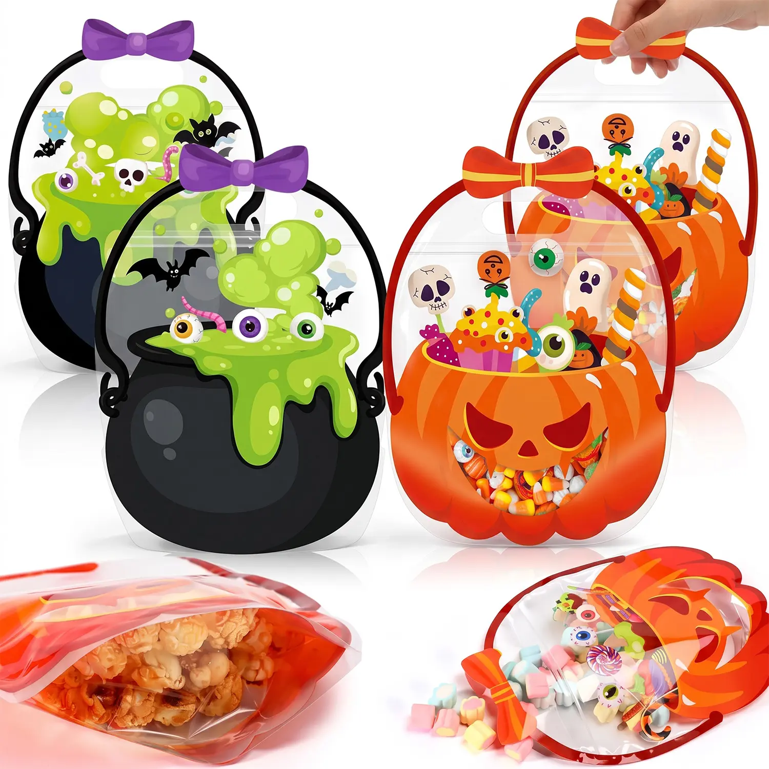 24Pcs Halloween Plastic Goodie Treat Bags,Trick‑or‑Treat Candy Snack Bags, Cauldron Skeleton Black Cat Skull Pumpkin Pattern, Halloween Party Favor Supplies, For Classroom Birthday Students Teachers Neighbors
