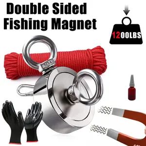 1200LBS Double Side Fishing Magnet, Heavy Duty Rare Earth Neo Dymium Magnet with Countersunk Hole Eyebolt, Rope and Carabiner for Retrieving Items in River, Lake, Beach, Lawn