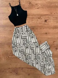 European Style Tight Tank Top + Geometric Plant Print Midi Skirt Set, Summer, Casual, Beach Vacation, Daily, Date Dress, Streetwear