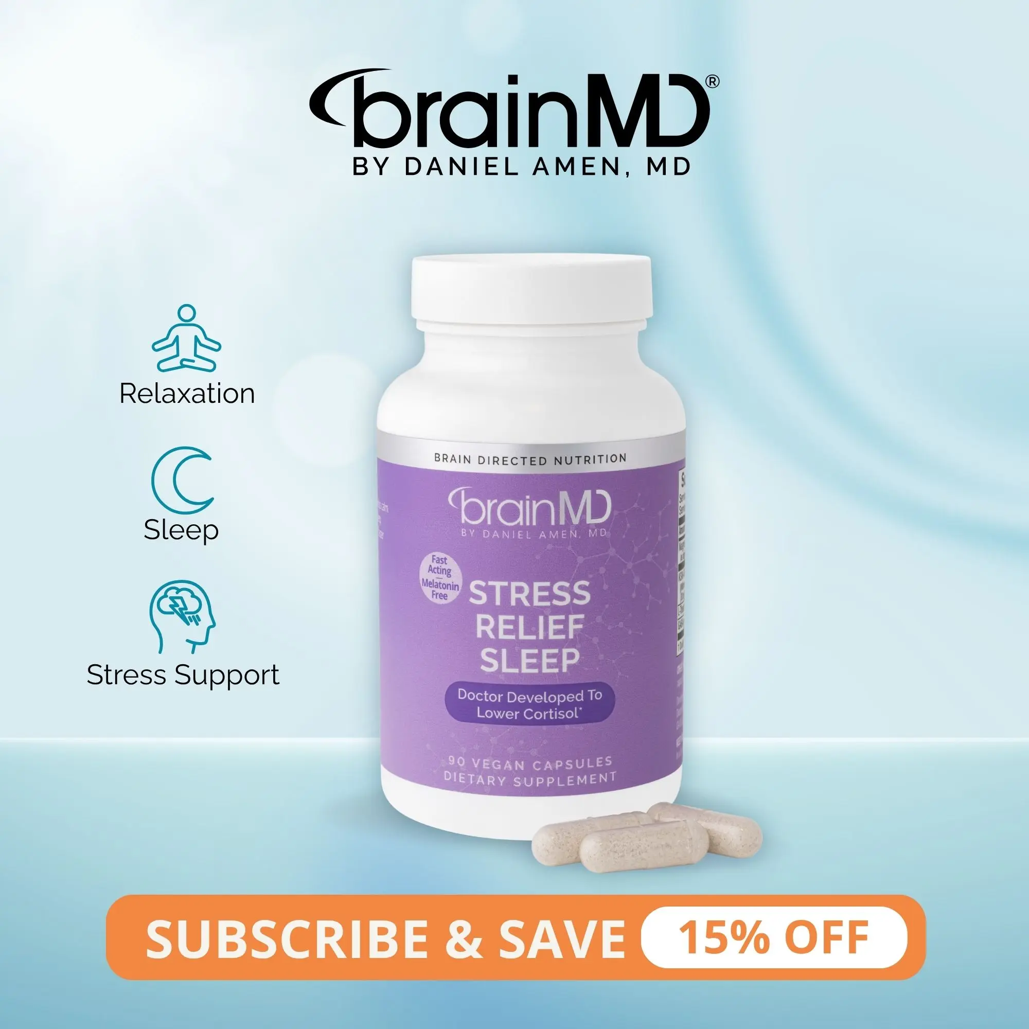 Stress Relief Sleep | BrainMD | 60 Capsules | Cortisol & Stress Support | Sleep Support & Relaxation | KSM-66 Ashwagandha with L-Theanine & GABA