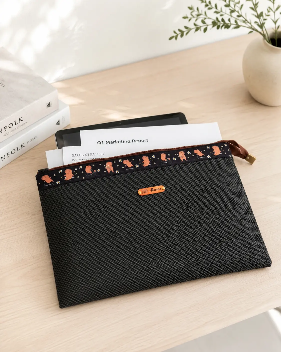 Lili Marmo Handmade Document Pouch with Capybara Print Trim Closed Weave PVC Mesh Molded Tooth Zipper Closure for Documents Books Notebooks Tablets