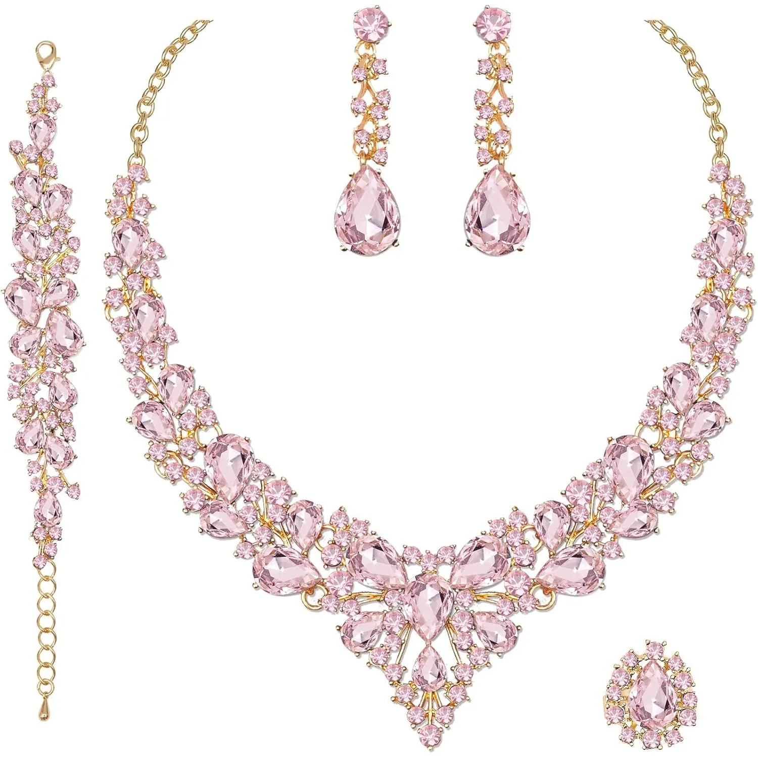 4 count/Set Austrian  Necklace Earrings Bracelet Ring Bridal  Sets for Brides Wedding Party Costume Accessories Gifts for Women JianShuLuxe