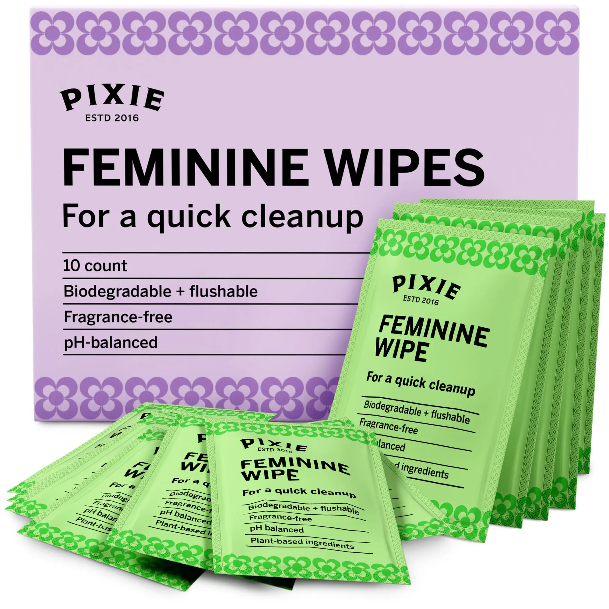 Pixie Menstrual Cup Wipes - Flushable, Biodegradable, pH Balanced & Unscented - Individually Wrapped Wipes for Feminine Care, On The Go & Public Bathrooms - Clean Your Menstrual Cup & Disc (10 Count)