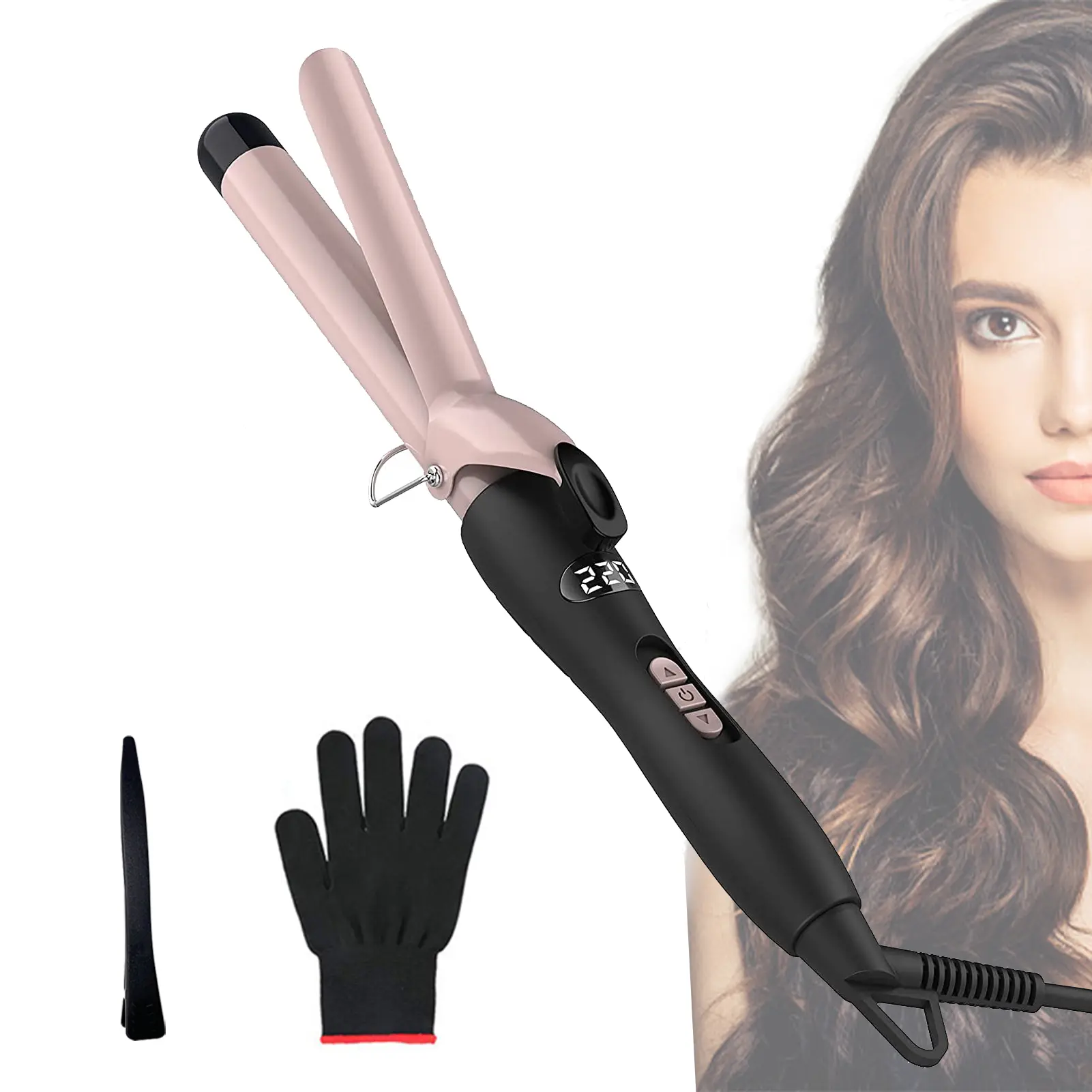1 inch Hair Curling Iron Hair Curler Temperature Adjustable LCD Temp Display Hair Styling Tool Anti-scald Auto Shut-Off with Gloves Hair Clip