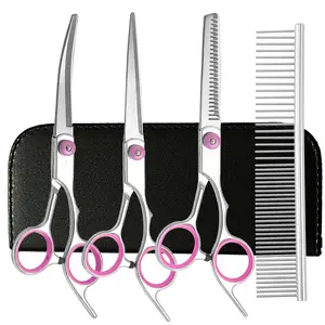 Stainless Steel 5Pcs Pet Grooming Scissors Kit Professional Dog Cat Trimmer Set Straight Curved Thinning Shears Combs Summer Gift