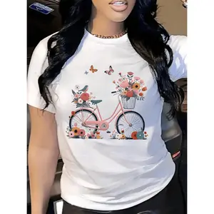 Women's Bicycle Print Short-Sleeve Crew Neck T-Shirt - Casual Spring & Summer Womenswear Top