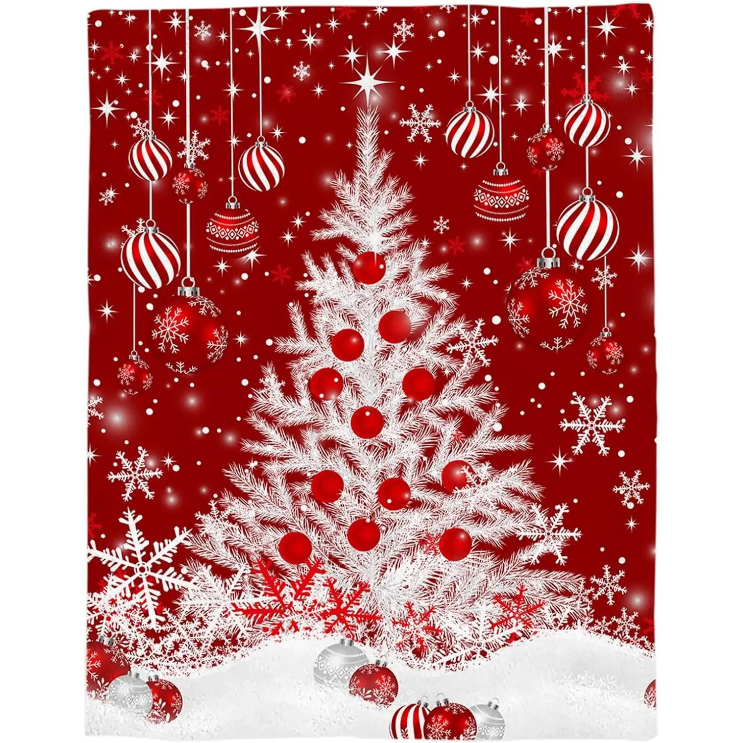 Red Christmas Throw Blankets, White Xmas Tree Snowflakes Red Balls Soft Blanket Decorative for Home Sofa Couch Chair Living Bedroom