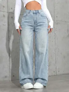 Women's Mid-Waist Pocket Loose Fit Wide Leg Casual Denim Jeans, Comfortable Winter Pants, Stylish Basic Plain Design, Perfect for Daily Wear