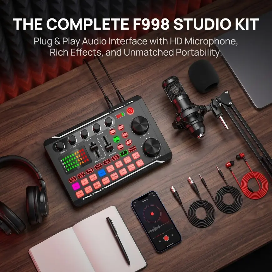 Multi functional compact live streaming studio audio mixer F998 external sound card mixing console Bluetooth connection noise reduction and sound effects for mobile phones, computers, live streamers, singing, sales, and recording tools Audio Mixer For Pc