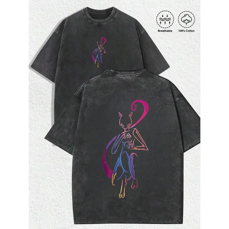 Men's Retro Mewtwo T-shirt, Casual Washed Cotton Shortsleeve Top with Double-Sided Comic Art Graphic, Tshirt, Menswear, Customized, Fabric, Round Neck, Tops, Clothes