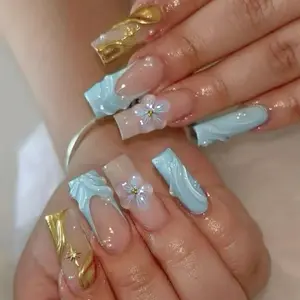24pcs Medium Square Press-On Nails, Blue French Style, 3D Pearl Gel Petals & Gold Powder, Easy Wear Acrylic False Nails Set