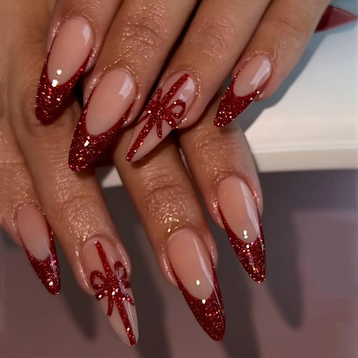Red Glitter Press On Nails/Christmas Bow French Nails In Medium Almond/False Nails/Holiday Wedding Date Night Glue on Nails/Gift for Her