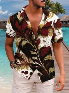 Men's Cuban Collar Short Sleeve Shirt, Beach Club Shirt, Casual Breathable Design, Fashion Tropical Plant Floral Print, Casual Vacation Loose Breathable Top, Soft Skin-Friendly Material, Limited-time holiday discounts, fast shipping