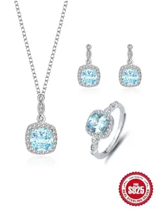 S925 Sterling Silver Luxury Heart Shaped Artificial Gemstone Jewelry Set, Including Pendant Necklace & Dangle Earrings & Ring, Fashion Jewelry Accessories for Women, Chain Set