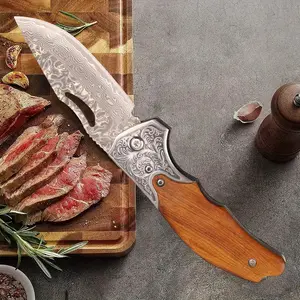 Damascus steel camping knife, chef's knife, solid wood handle, suitable for home kitchen, camping cooking barbecue, a gift for husbands, dads.