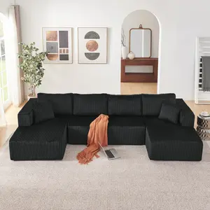132" U Shaped Modular Sectional Sofa, Comfy Compressed Cloud Couch with Side Pockets, Modern Minimalist Corduroy Memory Foam Sleeper Sofa for Living Room, No Assembly Required,Black