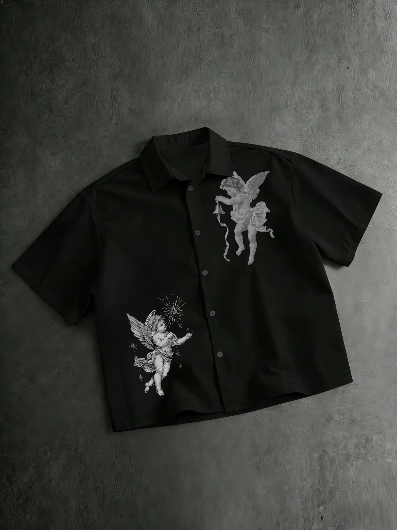 Unisex Vintage Cherub Angel Graphic Print Short Sleeve Cropped Casual Collared Shirt | Y2K Baroque Art Classic Style Sweet Cool Casual Button Down Top