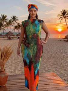 Women's Sexy Folded Slim Fit Long Dress Set, All-Over Printed Hoodie Scarf + Silk Shawl, Beach Sun Protection Wrap for Fall & Winter, Outfit