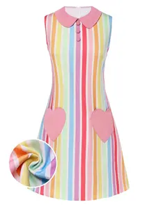 RETRO STAGE Women's 1960s-Inspired Striped Rainbow Sleeveless Dress with Heart Pocket, Boho Style Womenswear for 1960s-Inspired & Daily Casual Occasions, 1960S-Inspired Casual Dresses, Daily Casual Dresses