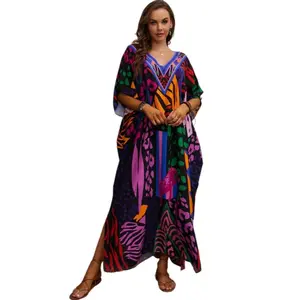 Plus Size Mumu Dresses for Women - Boho Batwing Sleeve Caftan with Side Slits, Long Moo Moo Nightgown & Beach Cover Up
