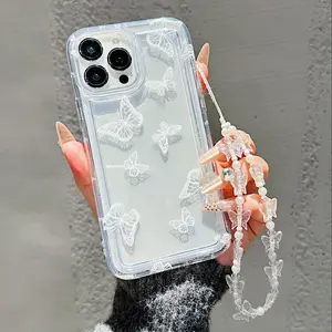 Butterfly Pattern Phone Case with Beaded Lanyard, Decorative Cellphone Protector Cover, Phone Accessories Compatible with iPhone 11 12 13 14 15 16 17  Pro Max/Pro/Plus, Protective Smartphone Cellphone