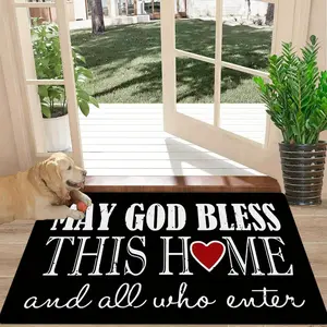 Flannel 1pc Inspirational Welcome Doormat, "May God Bless This Home" Printed, Durable Anti-Slip Floor Mat, Machine Washable, Absorbent Bath Rug For Living Room, Bedroom, Bathroom, Kitchen, Home Decor