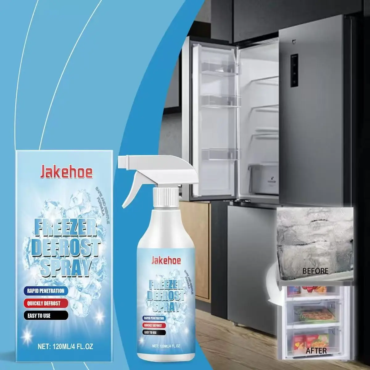 Jakehoe Ice Cabinet Defrost Spray, Multi-Use Cleaning Spray, Multi Purpose Spray, Liquid Spray, Home Cleaning Supplies, Household Cleaner, Cleaning Agent for Home Refrigerator, Freezer, Ice Maker, Easy De-Icing and Thawing Solution