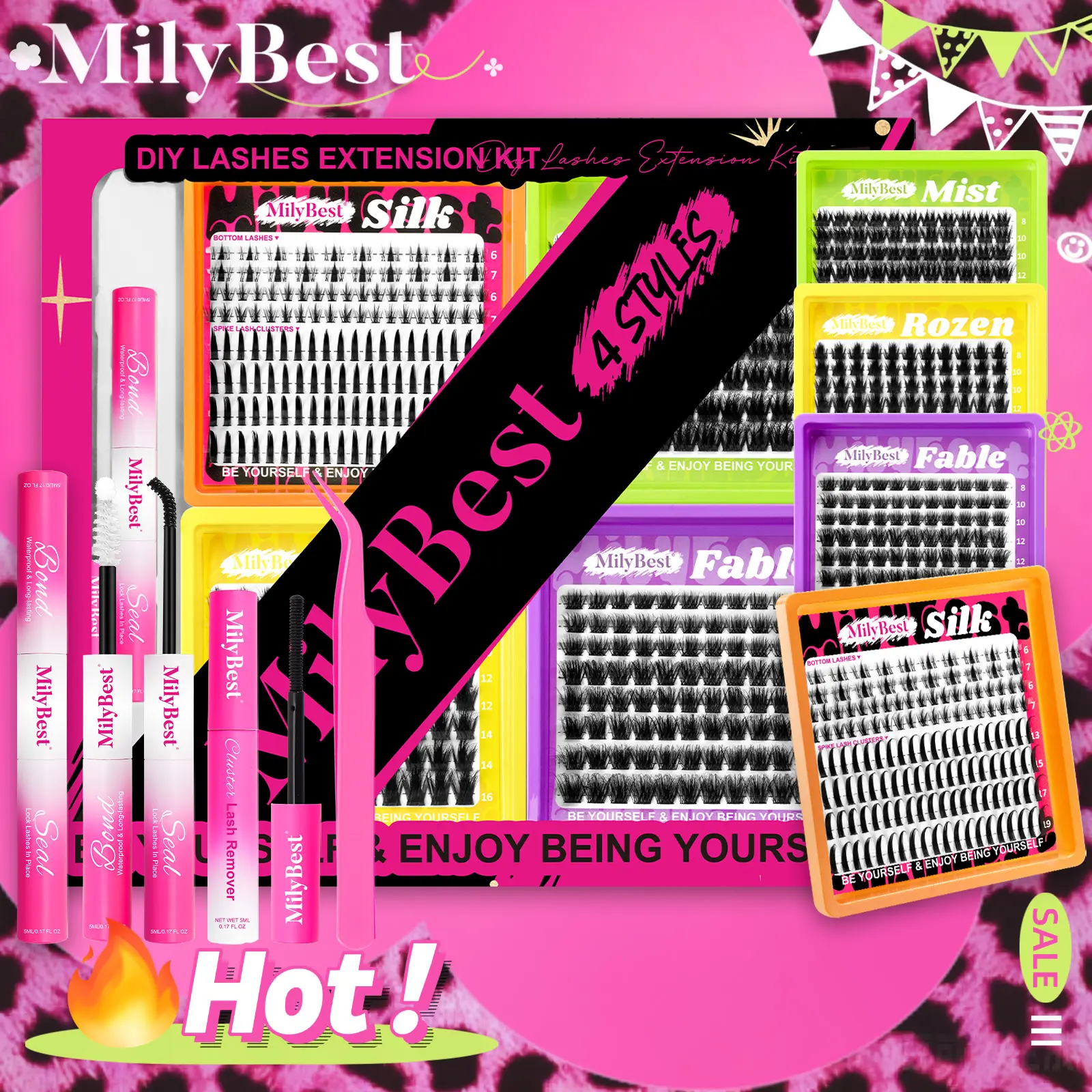 MilyBest 4-Style Mini Boxes DIY Lash Cluster Kit - 0.07mm D Curl Manga, Dramatic, Fluffy, Volume, Spikes, Bottom Natural Lashes, Waterproof, Soft, Comfortable, W/ Tweezers, Glue, Remover, for Beginners & Pros,familyfun
