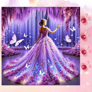 5D DIY Full Drill Round Diamond Painting - Diamond Art Kit Purple Long Dress, Butterfly, Flower Bush Mosaic, Canvas - DIY Decorative Painting, Home Wall Decor, Suitable for Halloween and Christmas, Birthday and Anniversary Gifts