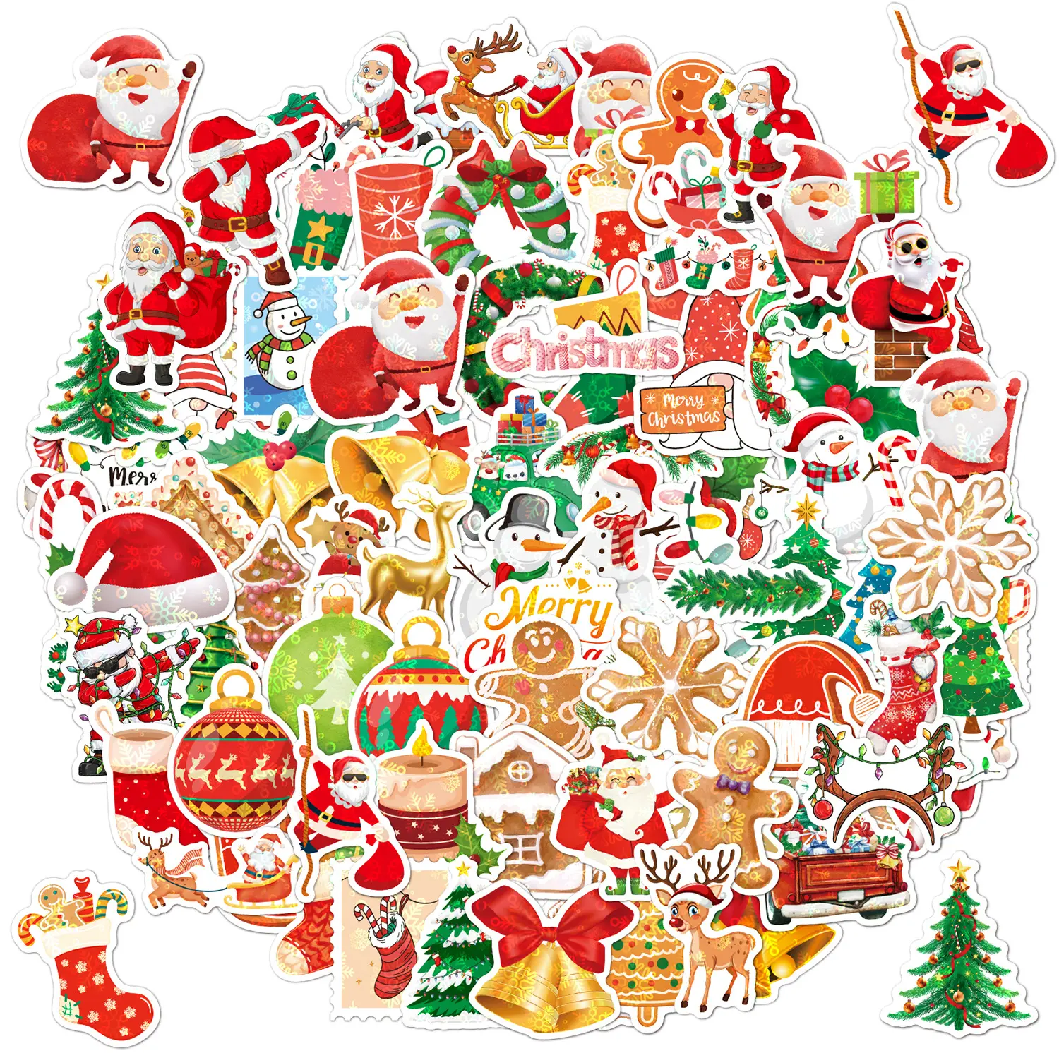 100pcs Holographic Shiny Waterproof Christmas Stickers Kit - Vinyl Decal Stickers, Varied Sizes, for Scrapbooking, Card Making, Christmas Party Festive Decorations Supplies