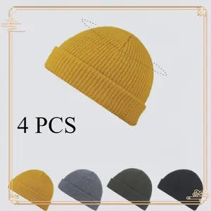 4 Pieces Trawler Beanie Watch Hat Roll Up Edge Skullcap Fisherman Beanie Unisex