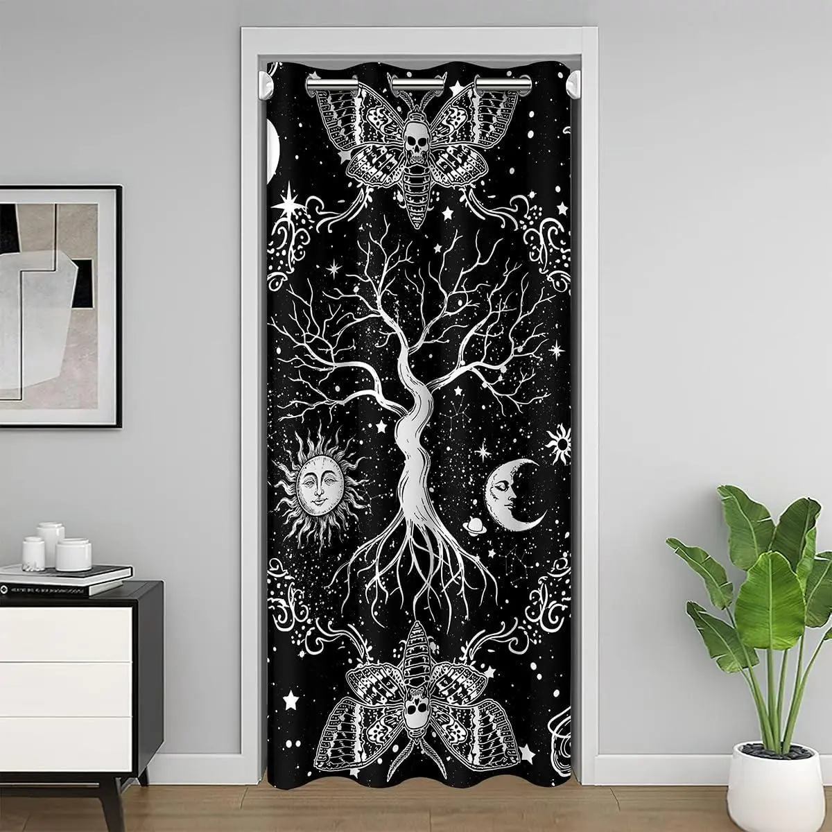 Sun Moon Doorway Curtain,Tree of Life Door Curtain Gothic Moth Blackout Curtain Sugar Skull Trippy Glitter Stars Door Drape,Bohemian Constellations Bedroom Decor 1 Panel