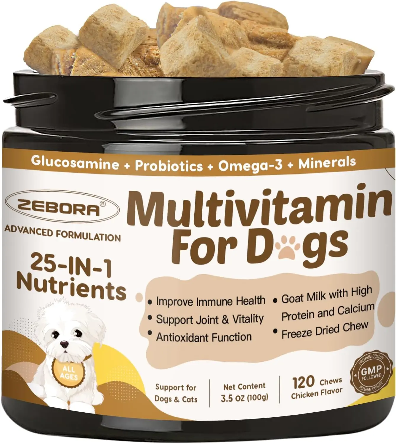 Dog Multivitamin - Vitamins and Supplements - 120 Freeze-Dried Chews | with Probiotics, Glucosamine and Omega 3 for Dogs Digestive Health, Immunity, Joint, Hip, Skin and Coat