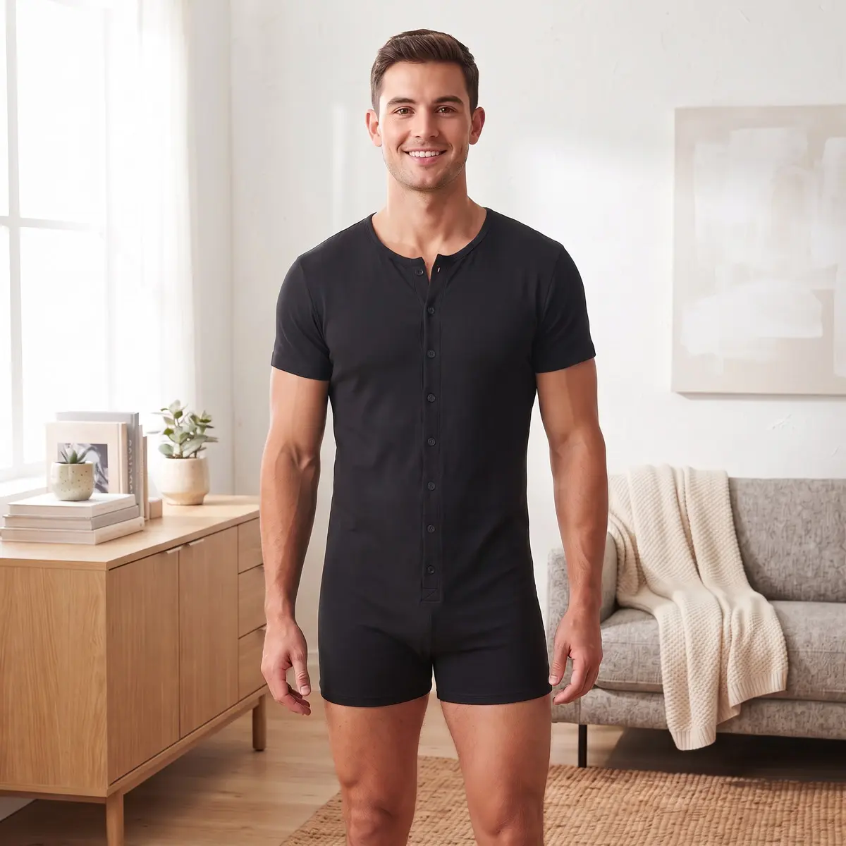 Men's Henley Romper - Short-Sleeve Stretchy Knit Cotton Jumpsuit with Round Neck, Button-Up Front, Comfortable Boxer Bottoms, Relaxed Fit Plain Beige Streetwear Clothing for Loungewear, Activewear