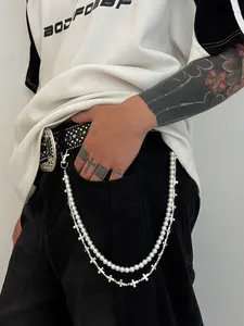 Men's Cross Pendant Necklace with Faux Pearls, Multi-Layered Tassel Design, Punk Style Metal Chain Accessory for All Seasons, Layered Necklaces